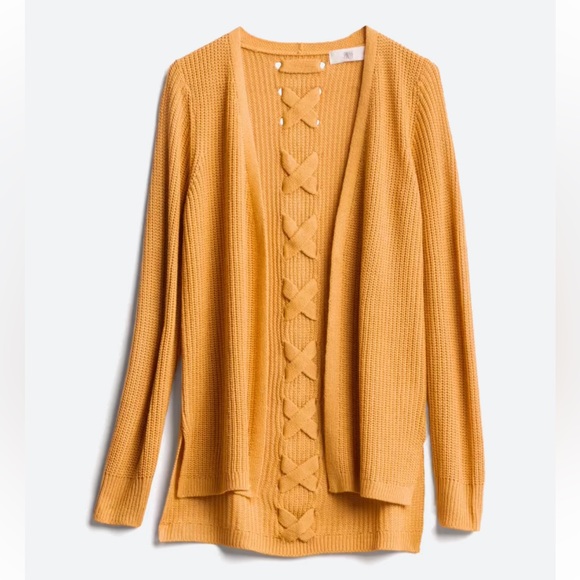 Pinque Sweaters - Pinque Jamelya Woven Back Detail Cardigan in Mustard from Stitch Fix
